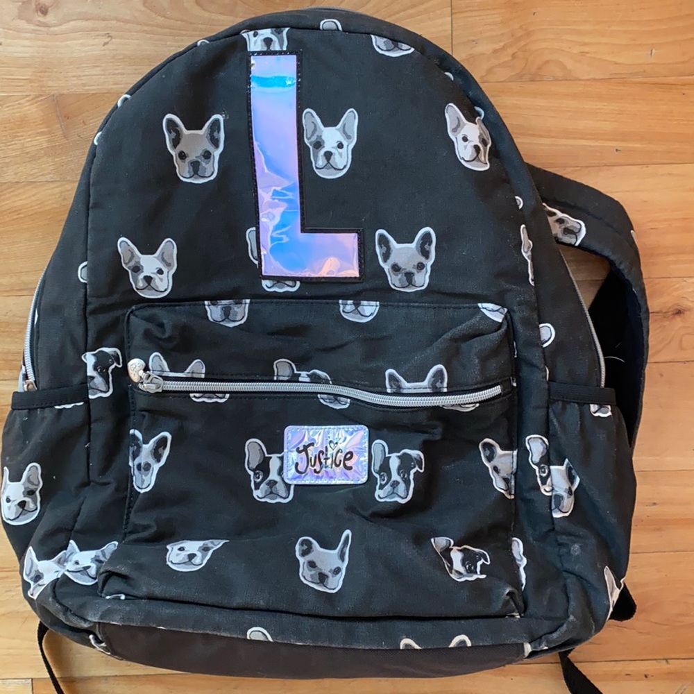 Justice French bulldog “L” letter backpack